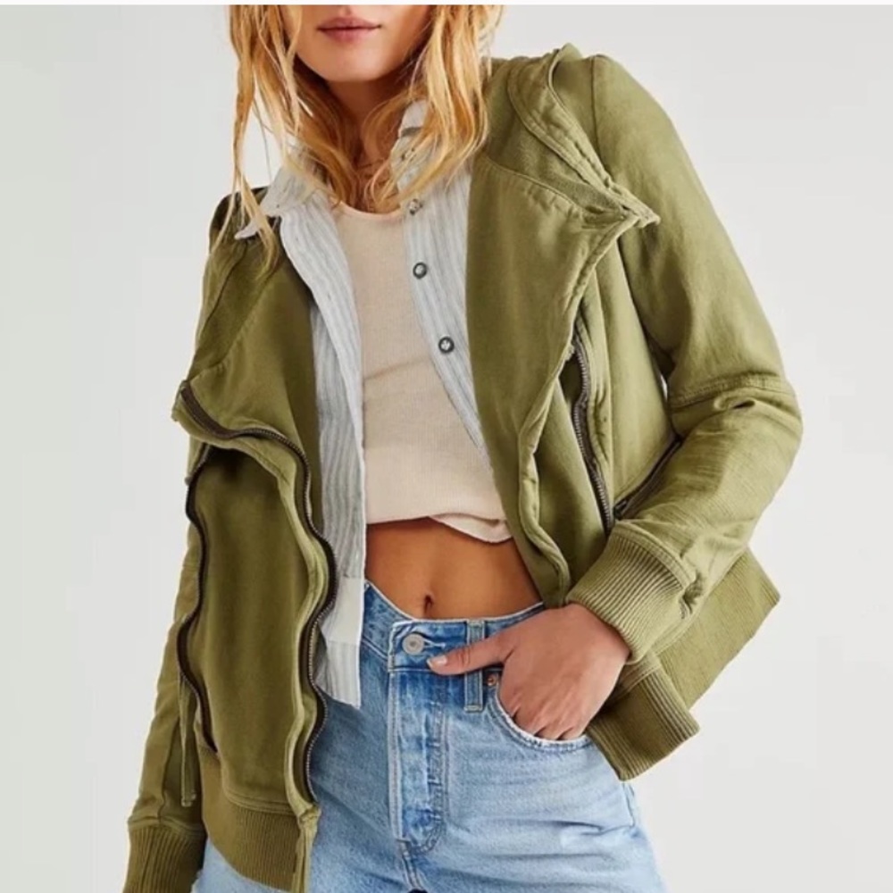 Free People Carmen Cotton Moto Jacket Hooded Green NWT Size Small